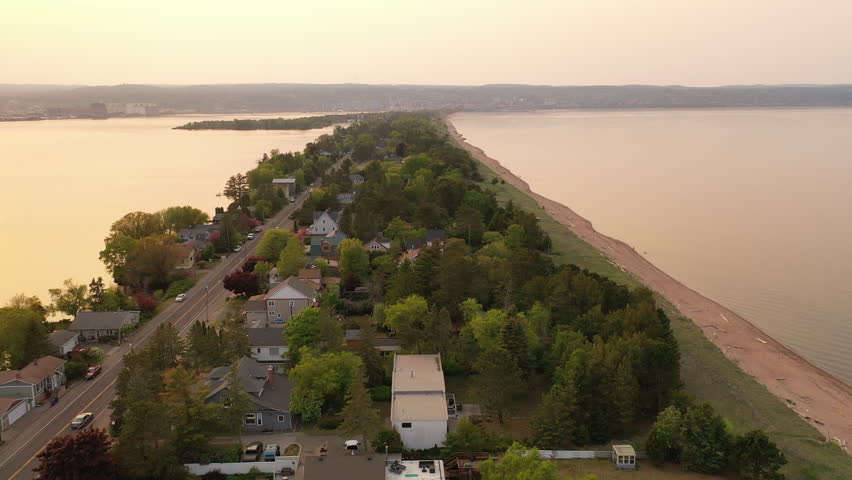 Aerial view of city of Duluth, Minnesota. Sunset sky, summertime