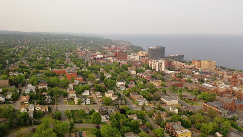 Aerial view of city of Duluth, Minnesota. Sunset sky, summertime