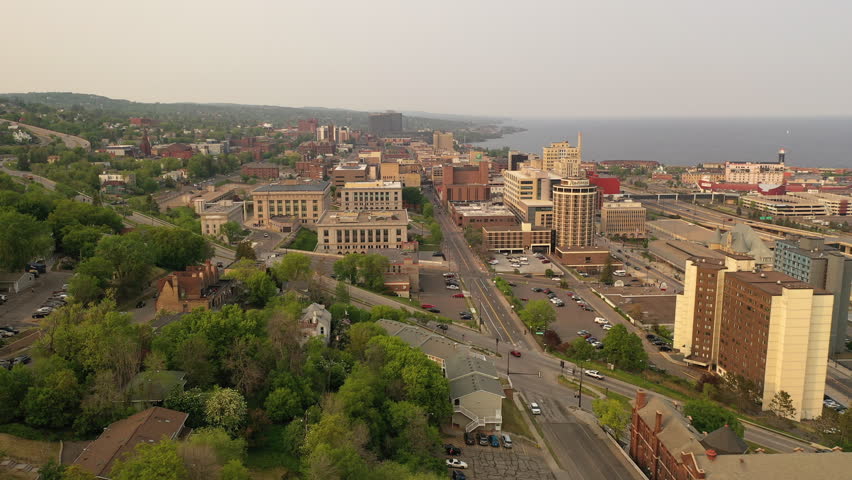Aerial view of city of Duluth, Minnesota. Sunset sky, summertime