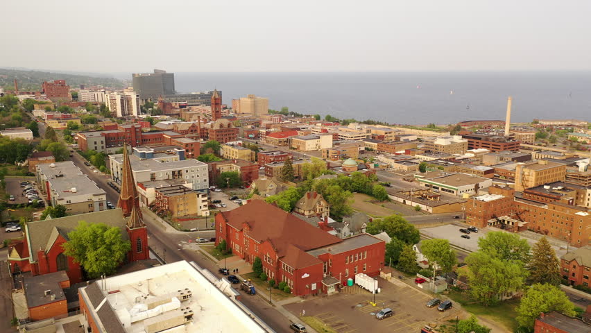 Aerial view of city of Duluth, Minnesota. Sunset sky, summertime