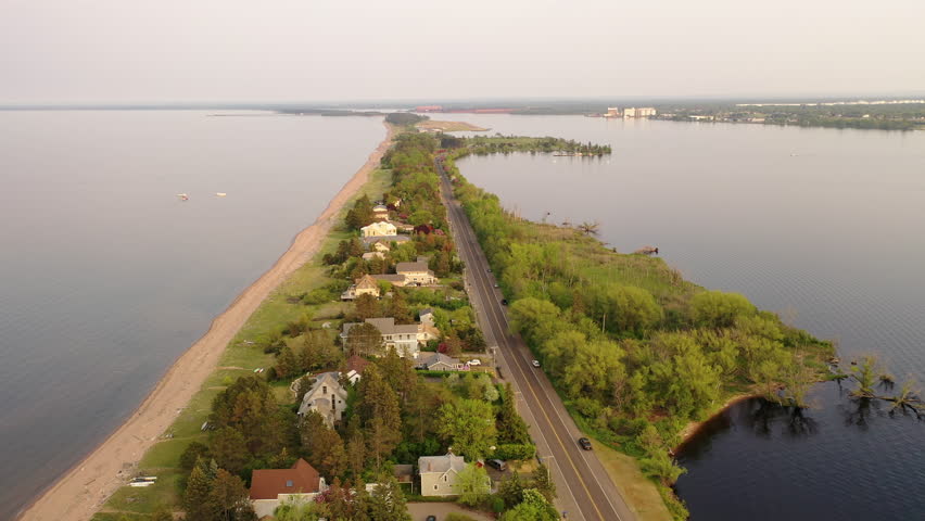 Aerial view of city of Duluth, Minnesota. Sunset sky, summertime
