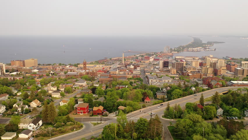 Aerial view of city of Duluth, Minnesota. Sunset sky, summertime