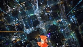 Hyper Connected Financial District With Animated Augmented Reality Elements. Over Head At Night. Great Aerial View of Futuristic City With Holographic Graphs and Charts. - Powered by Shutterstock - Get 15% off with code: PIKWIZARD15