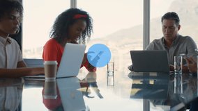 Animation of network of icons over team of diverse colleagues using electronic devices at office. Global networking and business technology concept - Powered by Shutterstock - Get 15% off with code: PIKWIZARD15