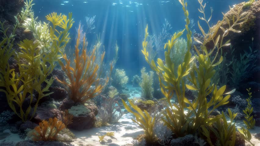 Close up underwater background with marine plants seaweed in clean shallow water on sea bottom or in aquarium and sun rays from surface. Beautiful undersea scene 3D animation rendered in 4K Royalty-Free Stock Footage #1107990993