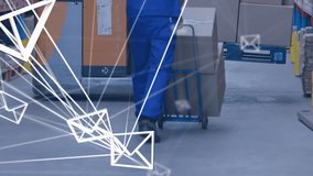 Animation of network of messages on caucasian male worker stacking boxes on forklift at warehouse. Global networking and logistics business technology concept - Powered by Shutterstock - Get 15% off with code: PIKWIZARD15
