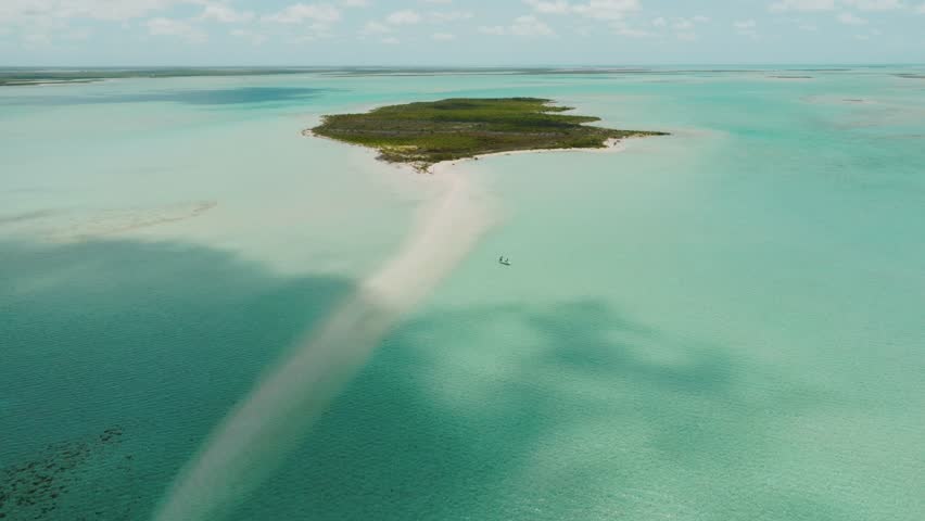 High View of Flat, Island, Boat, Sand Bank, and Horizon, Stunning Bahamas Aerial Shot