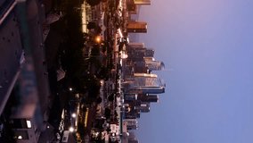 Cinematic Los Angeles Downtown Aerial. Nighttime Aerial Shot of Downtown Los Angeles. Aerial vertical, vertical video background.