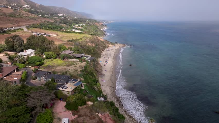 El Pescador State Beach in Malibu, California - aerial flyover Pacific Ocean