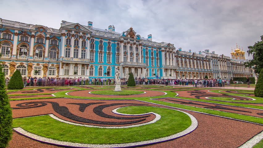 Timelapse hyperlapse captures the magnificence of Catherine Palace, a Rococo gem situated in Tsarskoye Selo (Pushkin), 25 km south-east of St. Petersburg, Russia. Green lawn in a garden Royalty-Free Stock Footage #1107999211