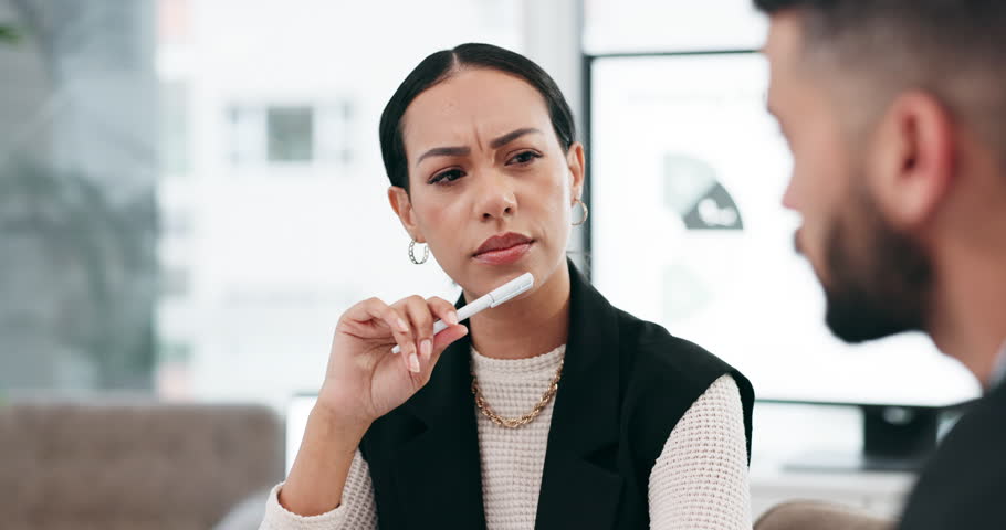 Talking, meeting and woman with hr at work for business conversation or listening to a complaint. Concern, serious and a female human resources worker speaking to an employee about an office problem Royalty-Free Stock Footage #1107999789