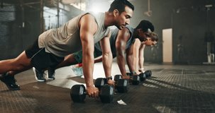 Gym, group and dumbbell rowing exercise for power, muscle and challenge in workout class. Diversity of strong people, bodybuilding and push up with weights for fitness, healthy training and action - Powered by Shutterstock - Get 15% off with code: PIKWIZARD15