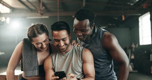 Friends, phone and reading with laughing, gym or pointing with meme, funny joke or smile with web blog. Men, woman and fitness team with smartphone, comic video or memory for training in workout room