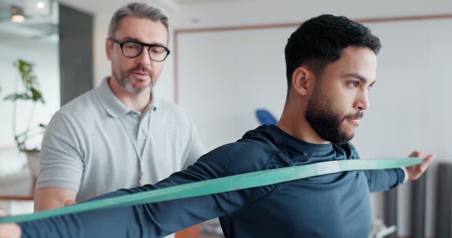 Physical therapy, man and training muscle with resistance band, equipment and therapist support patient healing in clinic, Stretching, arms or strength of person in physiotherapy exercise with doctor Royalty-Free Stock Footage #1108000453