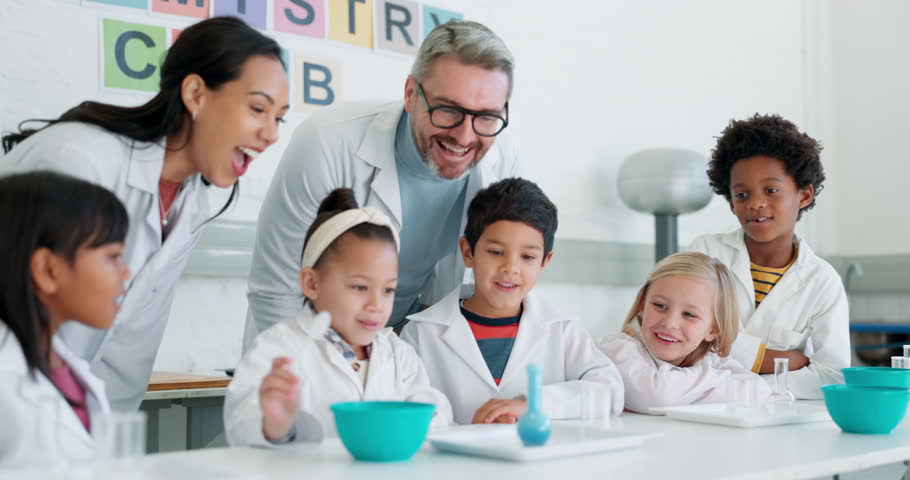 Project, chemistry and teachers with kids in a class for an experiment, study or research. Education, science and team of scientists teaching children students a chemical reaction in a school lab. Royalty-Free Stock Footage #1108000669