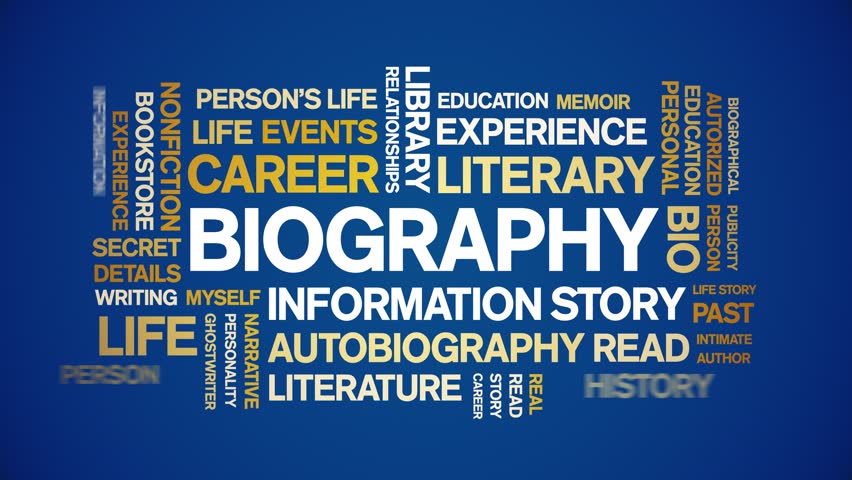 Biography animated tag word cloud,text design animation kinetic typography seamless loop. 