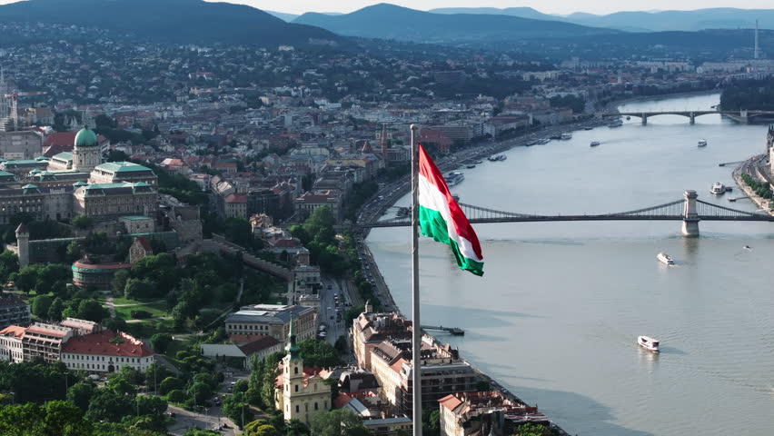 Aerial view of Hungarian flag and popular tourist destination. Buda castle near wide river Danube. Budapest, Hungary Royalty-Free Stock Footage #1108003555