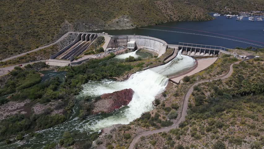 Aerial View of Dam Releasing Water, Stewart Mountain Dam and Saguaro Lake in Arizona