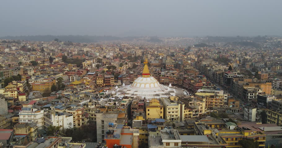 Boudhanath Stupa, UNESCO Heritage Site in Kathmandu Nepal. Peaceful 4k Drone Shot.