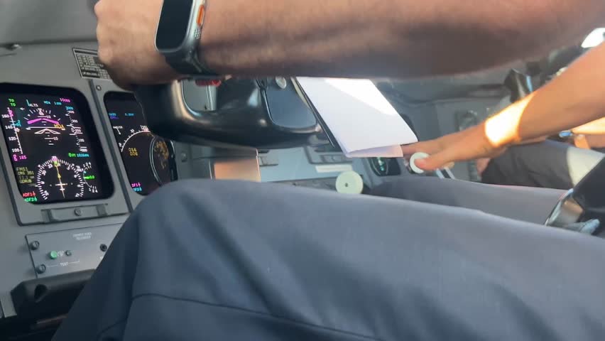 Real time take off view inside a jet cockpit during a real take off in windy conditions.. Captain side. Low angle view.