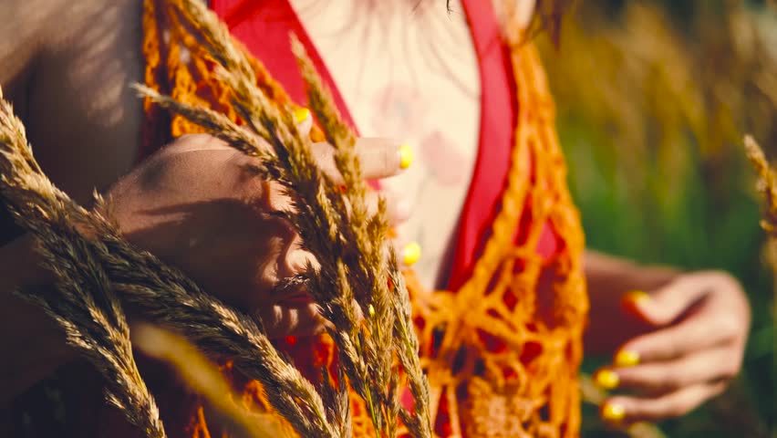 Happy free asian woman walking in tall grass on a sunny summer day. Portrait of a hippie woman in a bright orange boho style top