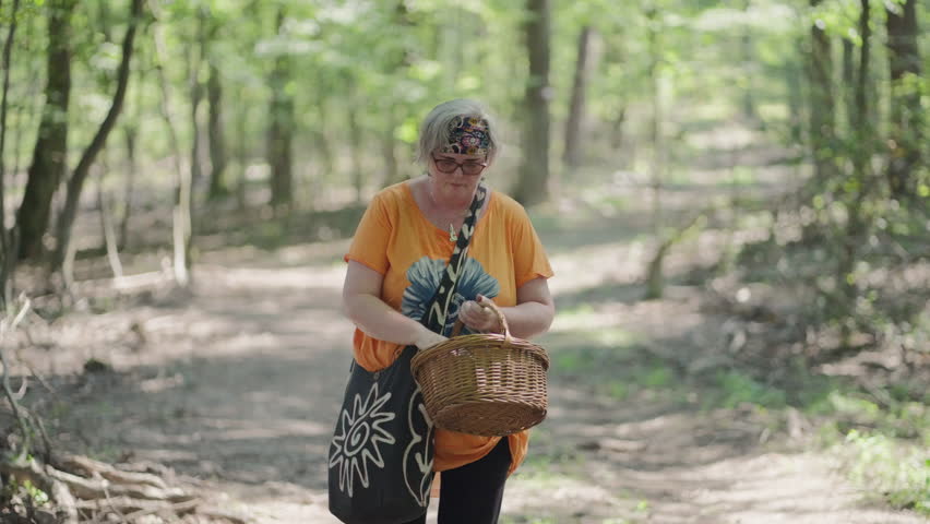 Medium shot of Fat Old Women with grey Hair and orange T-shirt looking into the wooden basket in the middle of a green Forest during a sunny day in slow motion with blurry background. 4K, Sony FX3