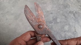 Rusty wire scissors in someone's hand, metal cutting tool