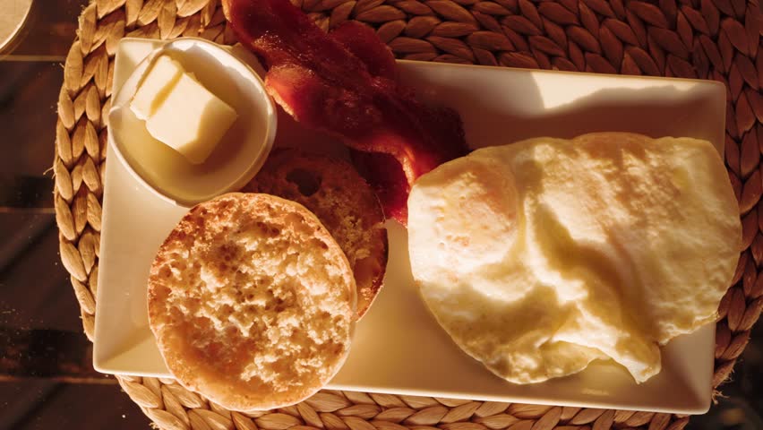 Sunrise Breakfast Plate With English Muffin Bread, Egg, Bacon, Cozy Morning Royalty-Free Stock Footage #1108008855