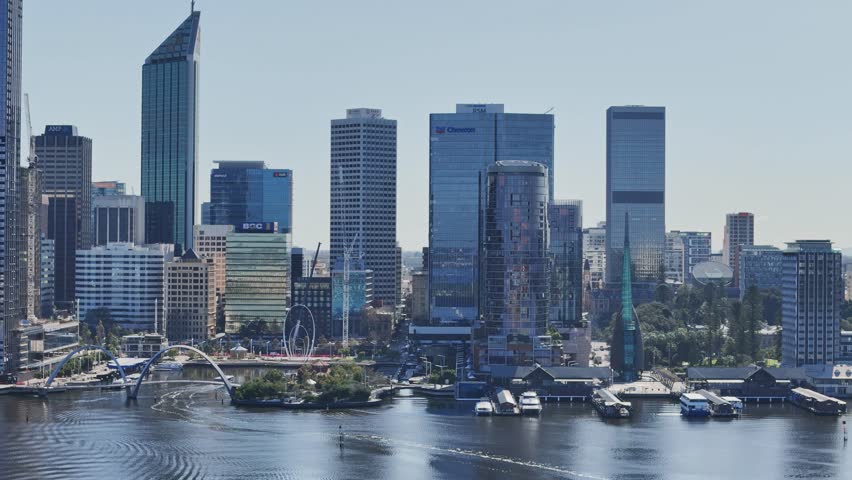 Aerial view of Perth CBD buildings on clear winters morning Royalty-Free Stock Footage #1108010915