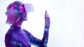 Beautiful woman with purple hair in futuristic costume over white background. Girl in glasses of virtual reality. Augmented reality, game, future technology, AI concept. VR. Blue, violet neon light. - Powered by Shutterstock - Get 15% off with code: PIKWIZARD15