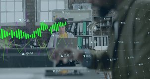 Animation of data processing over diverse colleagues working in office. Global business, technology and digital interface concept digitally generated video.