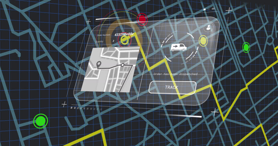 Animation of digital interface with data processing over city map. Global delivery, shipping and retail concept digitally generated video.