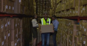 Animation of icons with data processing over caucasian male worker in warehouse. Global delivery, shipping and retail concept digitally generated video.