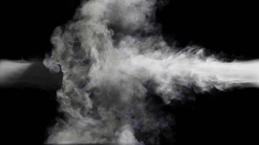 Puffs of white smoke collide from two sides on a black background. 3d illustration. 3D Illustration