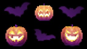 Halloween pumpkins and Vampire bats pixel animation seamless video