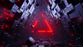 4K seamless loop motion graphics of flying into triangle tech tunnel with red neon triangle sign and floating particles. Endless background - Powered by Shutterstock - Get 15% off with code: PIKWIZARD15