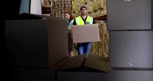 Animation of icons with data processing over caucasian delivery man in warehouse. Global delivery, shipping and retail concept digitally generated video.