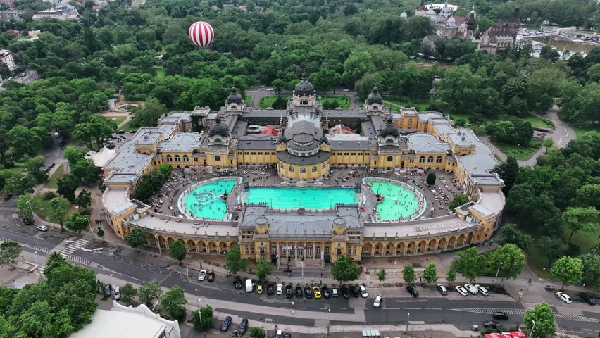 The drone is flying towards the Szechenyi baths in Budapest Hungary Aerial Footage 4K