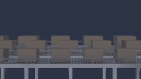 Animation of digital interface with icons and data processing over boxes on conveyor belt. Global delivery, shipping and retail concept digitally generated video.
