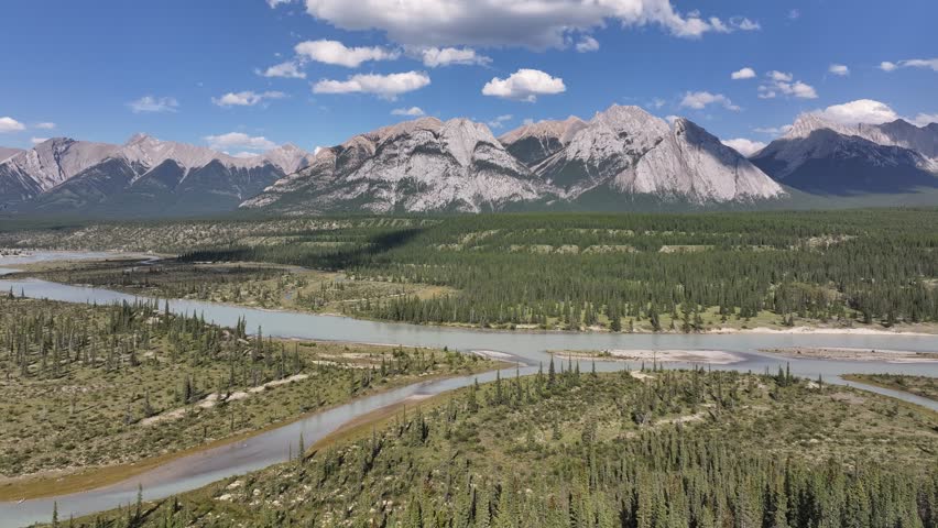 Drone view of the North Saskatchewan River as it cuts through the Kootenay Plains Ecological Reserve in the Rocky Mountains of Alberta, Canada