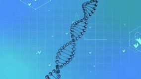 Animation of medical icons and dna strand on blue background. Global medicine and digital interface concept digitally generated video.