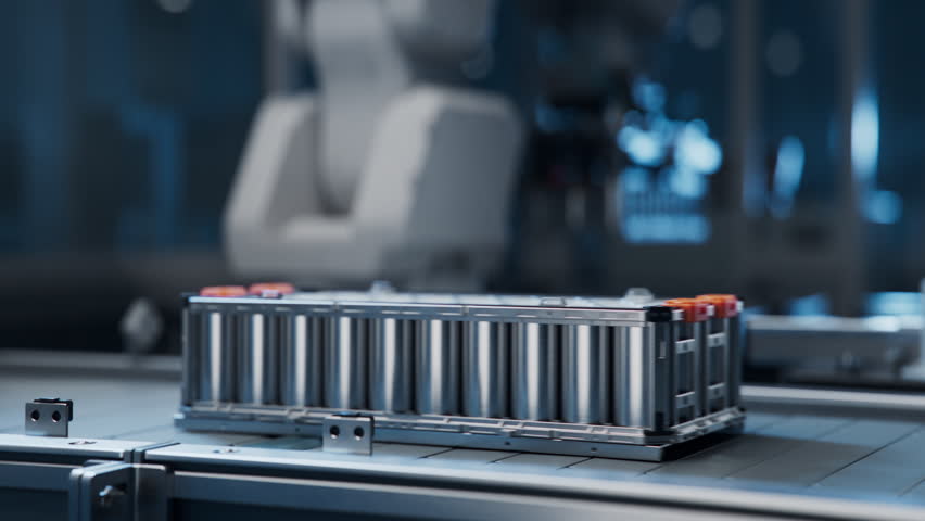 Close-up of Electric Car Battery Pack on Conveyor Belt. Lithium-ion Battery Cell Manufacturing Line. Robot Arms Transporting Automotive Battery Module. Automated High Capacity Production Factory Royalty-Free Stock Footage #1108028365