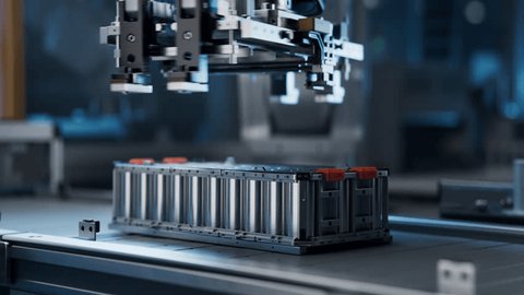 Close-up of Electric Car Battery Pack on Conveyor Belt. Lithium-ion Battery Cell Manufacturing Line. Robot Arms Transporting Automotive Battery Module. Automated High Capacity Production Factory Video Stok