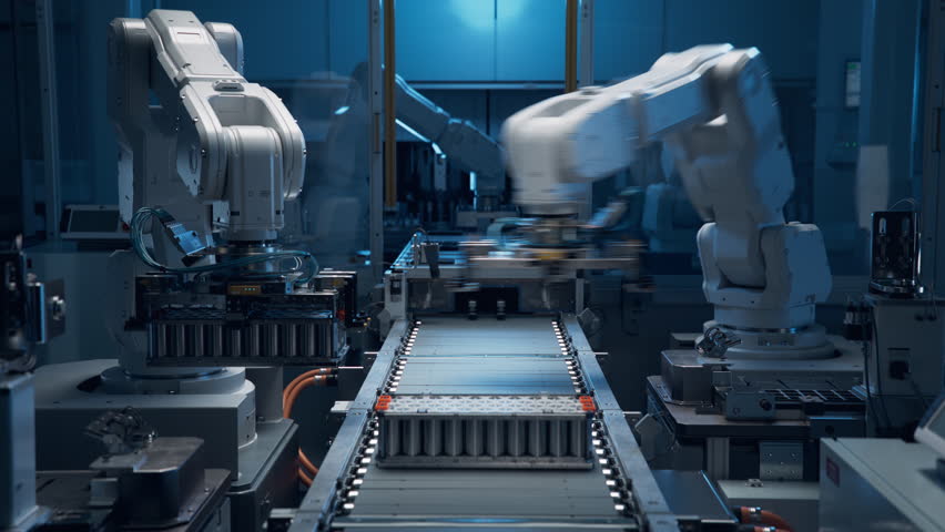 Electric Car Battery Pack Production Process. On Lithium-ion Battery Cell Manufacturing Line Robot Arms Transporting Automotive Battery Module onto Conveyor Belt. Automated High Capacity Factory Royalty-Free Stock Footage #1108028367