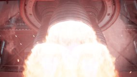 Space Exploration Rocket Launch. Close-up shot of Rocket Engine Ignition. Powerful and Hot Flames Burst out of the Nozzle after Initial Impulse. Vertival Takeoff of a Rocket - Powered by Shutterstock - Get 15% off with code: PIKWIZARD15