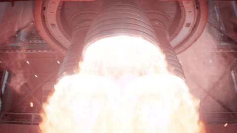 Space Exploration Rocket Launch. Close-up shot of Rocket Engine Ignition. Powerful and Hot Flames Burst out of the Nozzle after Initial Impulse. Vertival Takeoff of a Rocket Stockvideo