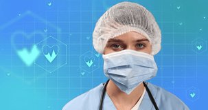 Animation of medical icons and caucasian female doctor with face mask on blue background. Global medicine and digital interface concept digitally generated video.