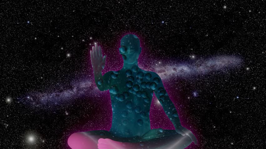 A yogi in the lotus position gives his blessings in form of rose petals   with galaxy and stars in the background  Royalty-Free Stock Footage #1108029313