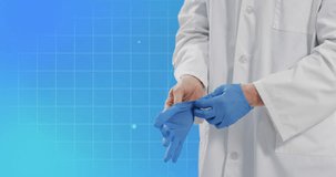 Animation of cardiograph with caucasian doctor wearing medical gloves on blue background. Global medicine and digital interface concept digitally generated video.