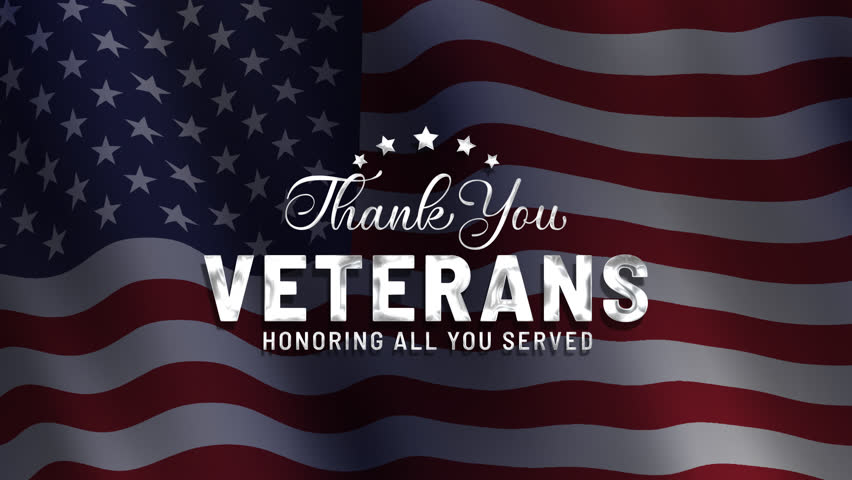 Thank you Veterans. Honoring all who served. Thank you Veterans animated text with a waving American flag in the background for veterans day greetings, opening video, etc. - Powered by Shutterstock - Get 15% off with code: PIKWIZARD15
